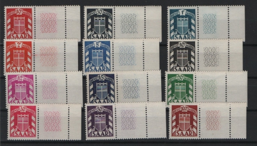 Saarland, 1949, Mi.- Nrn.: D 33- 44, je mit links anhängendem Leerfeld (!), **! Luxussatz! Sehr selten! Hochdekorativ!