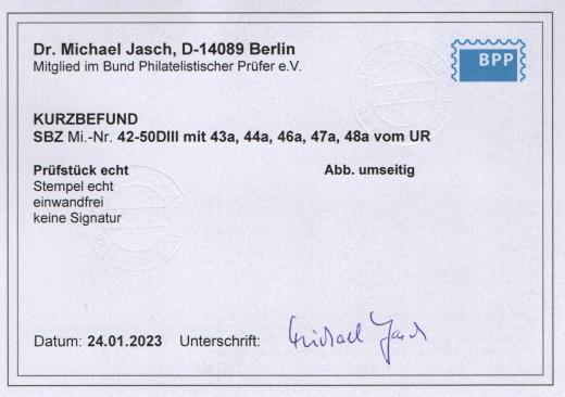 SBZ, Ost- Sachsen, 1945, Mi.- Nr.: 42- 50 DIII, je vom Ur, auf Briefstk., akt. K.- Befund Dr. Jasch BPP: echt und einwandfrei Selten!