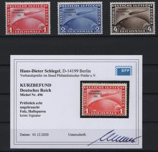 III. Reich, 1933, Mi.- Nr.: 496- 98, Chikagofahrt, ungebraucht, 496 Befund Schlegel BPP, andere gut gepr. Schlegel BPP! Selten!