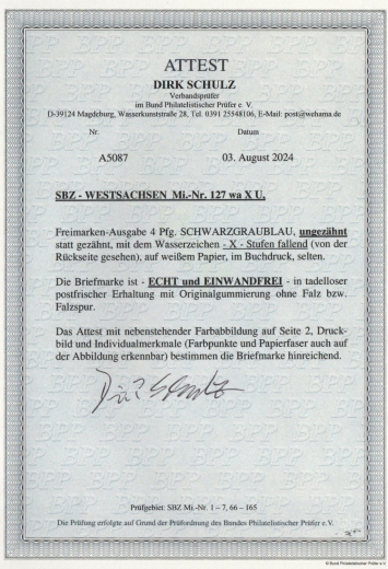 SBZ, West- Sachsen, 1945, Mi.- Nr.: 127 X wa U, **, akt. Fotoattest Schulz BPP: e+e! Luxusstück! RR!