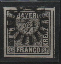 Bayern, 1849, Mi.- Nr.: 1 Ia, gestempelt,  kl. Bogenecke, akt. Fotoattest Sem BPP: e + ....! Gutes Kabinettstück! RR!