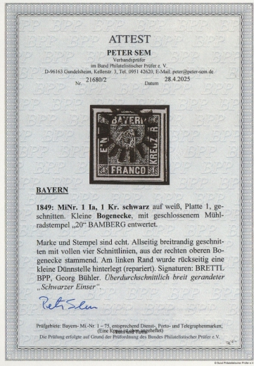 Bayern, 1849, Mi.- Nr.: 1 Ia, gestempelt,  kl. Bogenecke, akt. Fotoattest Sem BPP: e + ....! Gutes Kabinettstück! RR!