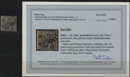 Bayern, 1849, Mi.- Nr.: 1 Ia, gestempelt, akt. Foto- Befund Sem BPP: e + ....! Bedarfsstück! R!