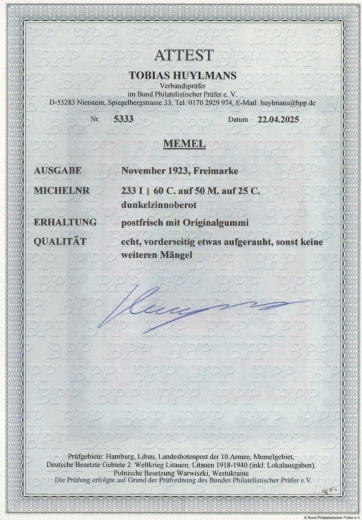 Memel, 1923, Mi.- Nr.: 233 I, **, akt. Fotoattest Huylmans BPP: e+ ...! Gutes Kabinettstück! Selten!