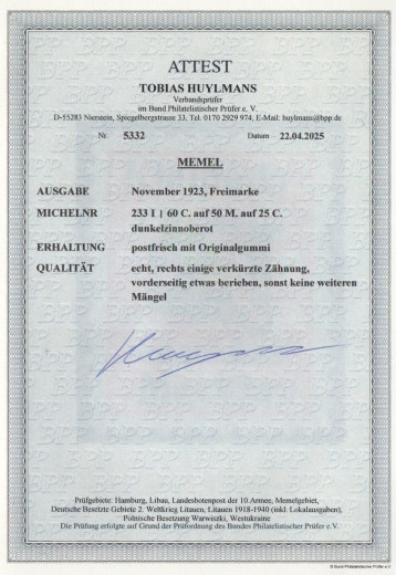 Memel, 1923, Mi.- Nr.: 233 I, **, akt. Fotoattest Huylmans BPP: e+ ...! Kabinettstück! Selten!