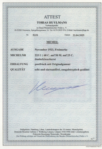 Memel, 1923, Mi.- Nr.: 233 I, **, akt. Fotoattest Huylmans BPP: e + e! Luxusstück! Selten!