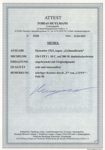 Memel, 1923, Mi.- Nr.: 236 I PF I, *, akt. Fotoattest Huylmans BPP: e + e! Luxusstück! Selten!