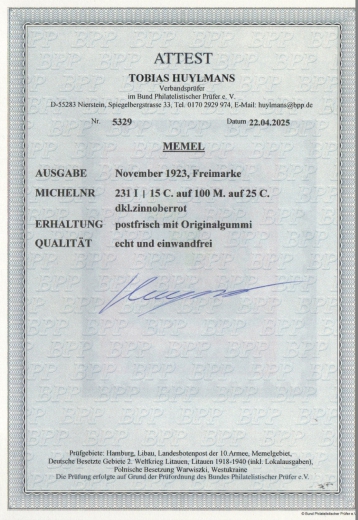 Memel, 1923, Mi.- Nr.: 231 I, **, akt. Fotoattest Huylmans BPP: e + e! Luxusstück! Selten!