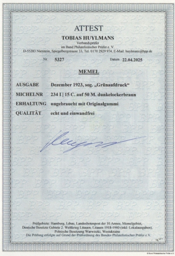 Memel, 1923, Mi.- Nr.: 234 I, *, akt. Fotoattest Huylmans BPP: e + e! Luxusstück! Selten!