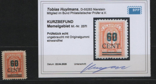 Memel, 1923, Mi.- Nr.: 237 I, *, akt. Kurzbefund Huylmans BPP: e + e! Luxusstück! Selten!