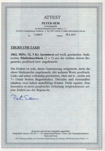 T. + T., ca. 1862, Mi.- Nr.: 32 (15x, im ER- 15er- Block), 12x ** / 3x *, akt. Fotoattest Sem BPP, sehr selten!