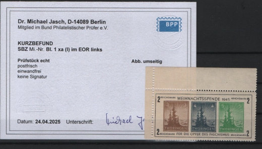 SBZ, Thüringen, 1945, Bl. 1 x a vom Er, **, mit akt. K.- Befund Dr. Jasch BPP:  e + e! Luxusstück! Selten!