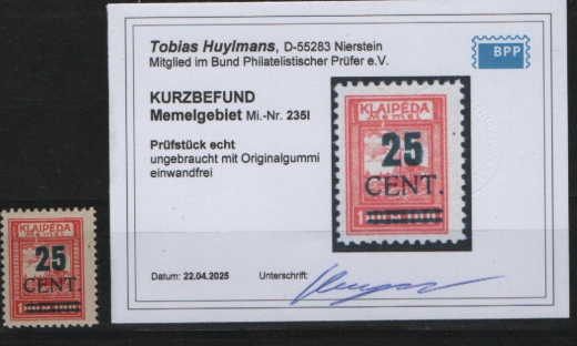 Memel, 1923, Mi.- Nr.: 235 I, *, akt. Kurzbefund Huylmans BPP: e + e! Selten!