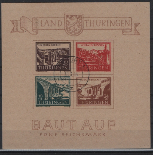 Thüringen, 1946, Bl. 4 yb, gestempelt, mit akt. Fotoattest Dr. Jasch BPP: echt + ...., Kabinett- / Bedarfsstück, sehr selten!