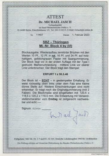 Thüringen, 1946, Bl. 4 yb, gestempelt, mit akt. Fotoattest Dr. Jasch BPP: echt + ...., Kabinett- / Bedarfsstück, sehr selten!