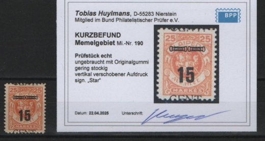 Memel, 1923, Mi.- Nr.: 190, *, akt. Kurzbefund Huylmans BPP: e +  ...! Selten!