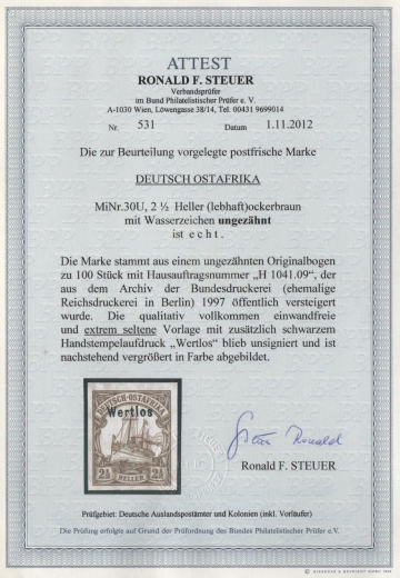 Dt. Kolonien, DOA, 1906, Mi.- Nrn.: 30 U mit Wertlos- Überstempelung, **, FA Steuer VÖB: e+e! Sehr selten! RRR!