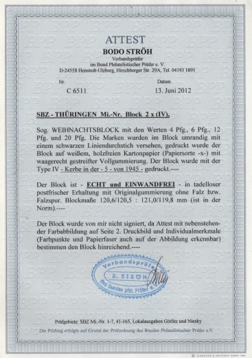 Thüringen, 1945, Bl. 2 x , **, mit Fotoattest Ströh BPP: echt + einwandfrei, Luxusstück. Sehr selten!