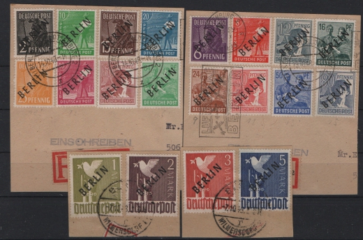 Berlin, 1948, Mi.- Nrn.: 1- 20, kpl., Der Schwarz- Aufdruck- Satz, auf 4 Briefstücken, akt. FA Schlegel BPP: e+e! Selten!