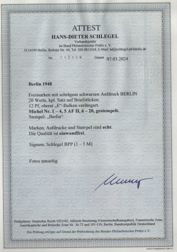 Berlin, 1948, Mi.- Nrn.: 1- 20, kpl., Der Schwarz- Aufdruck- Satz, auf 4 Briefstücken, akt. FA Schlegel BPP: e+e! Selten!