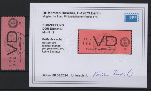 DDR, 1965, ZKD D, Mi.- Nr.: 2, gestempelt, aktueller K.- Befund Dr. Ruscher BPP: echt+ ...! Gutes Bedarfsstück!