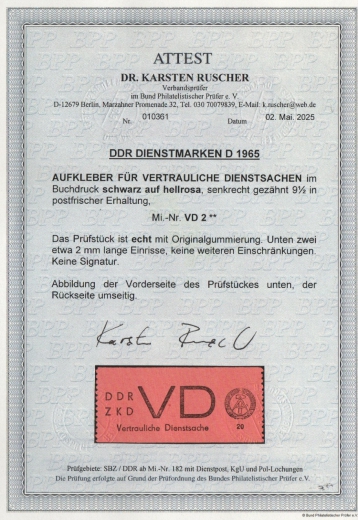 DDR, 1965, ZKD D, Mi.- Nr.: 2, **, akt. Fotoattest Dr. Ruscher BPP: echt+ ...! Kabinettstück!