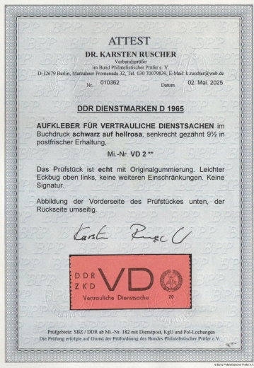 DDR, 1965, ZKD D, Mi.- Nr.: 2, **, akt. Fotoattest Dr. Ruscher BPP: echt + ...! Gutes Kabinettstück! Rarität der DDR!