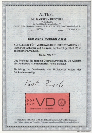 DDR, 1965, ZKD D, Mi.- Nr.: 2, **, akt. Fotoattest Dr. Ruscher BPP: echt+ einwandfrei! Luxusstück! Rarität der DDR!