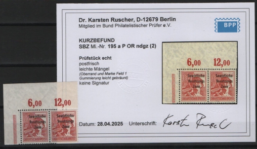 SBZ, Allgemeine Ausgaben, 1948, Mi.- Nr.: 195 a P OR ndgz (2x) , **, akt KB Dr. Ruscher BPP: e+ ...! Kabinettstück! Selten!