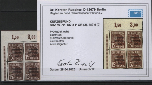 SBZ, Allgemeine Ausgaben, 1948, Mi.- Nr.: 187 d P OR ndgz *, + 2x, Marken **, (im ER- 4er- Block), akt. KB Dr. Ruscher BPP: e+ ...! Kabinettstück! Selten!