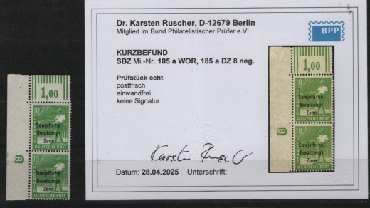 SBZ, Allgemeine Ausgaben, 1948, Mi.- Nr.: 185 a WOR + 185 a DZ 8 neg. , **, akt. KB Dr. Ruscher BPP: e+ ...! Luxusstück! Selten!