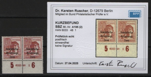 SBZ, Allgemeine Ausgaben, 1948, Mi.- Nr.: A 195 (2) HAN 6633 . 48 1 , **, akt. KB Dr. Ruscher BPP: e+e! Luxusstück! Selten!