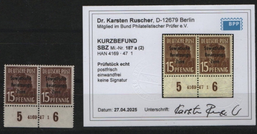 SBZ, Allgemeine Ausgaben, 1948, Mi.- Nr.: 187 a (2) HAN 4169 . 47 1 , **, akt. KB Dr. Ruscher BPP: e+e! Luxusstück! Selten!