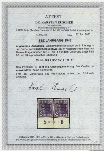 SBZ, Allgemeine Ausgaben, 1948, Mi.- Nr.: 183 e (2) HAN 6018 . 48 1 , **, akt. FA Dr. Ruscher BPP: e+e! Luxusstück! Rarität!