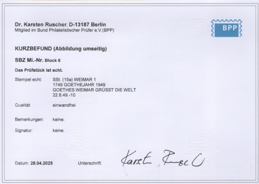 SBZ, Allgem. Ausgaben, 1949, Mi.- Nr.: Bl. 6, gestempelt mit Weltkugelstempel!, K.- Befund Dr. Ruscher BPP, echt + e! Luxusstück!