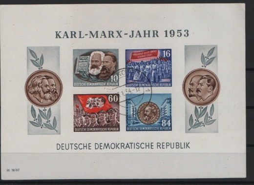 DDR, 1953, Mi.- Nr.: Bi. 9 B YI, gestempelt mit Tagesstempel! Der Marx- Block, unsigniert! Luxusstück!