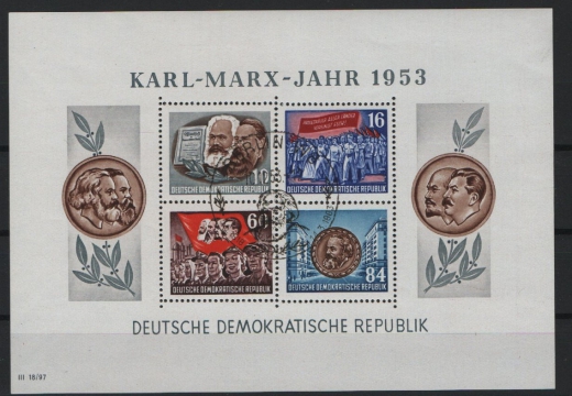DDR, 1953, Mi.- Nr.: Bl. 9 A YII, gestempelt mit KM- Sonderstempel! Der Marx- Block, unsigniert! Luxusstück!