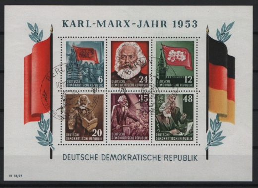 DDR, 1953, Mi.- Nr.: Bl. 8 A YII, gestempelt mit 2x KM- Sonderstempel! Der Marx- Block, unsigniert! Luxusstück!