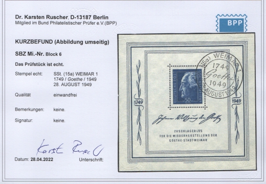 SBZ, Allgem. Ausgaben, 1949, Mi.- Nr.: Bl. 6, gestempelt!,  akt. K.- Befund Dr. Ruscher BPP, echt + einwandfrei! Luxusstück!