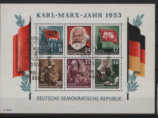 DDR, 1953, Mi.- Nr.: Bl. 8 A, gestempelt mit 2x Leipziger- KM- Sonderstempel! Der Marx- Block, unsigniert! Luxusstück!