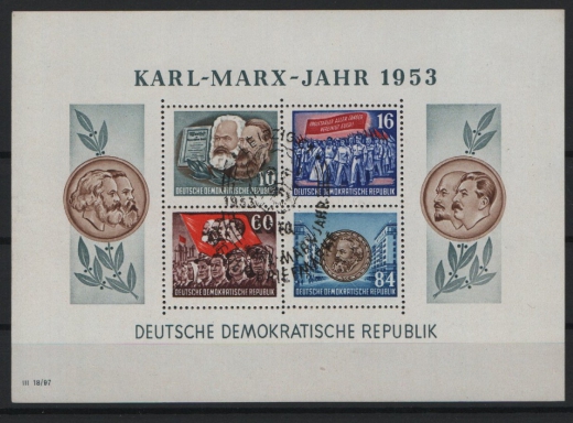 DDR, 1953, Mi.- Nr.: Bl. 9 A, gestempelt mit 1 x Leipziger- KM- Sonderstempel! Der Marx- Block, unsigniert! Luxusstück!