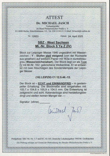 SBZ, West- Sachsen, 1946, Mi.- Nr.: Bl. 5 Ya Z, gestempelt, akt. Fotoattest Dr. Jasch BPP: echt und e! Luxusstück! RR!