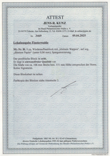 D.- OST, Lokalausgaben, Finsterwalde, 1946, Mi.- Nrn.: Bl. 1 yy (dünnes Papier), **, akt. FA Kunz BPP: e+e! Luxusstück!