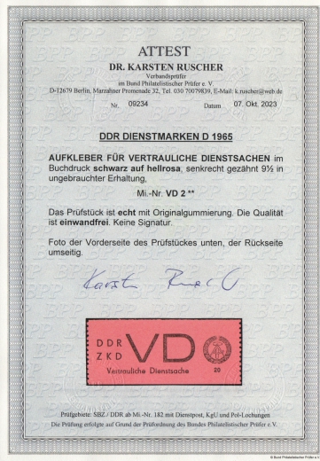 DDR, 1965, ZKD D, Mi.- Nr.: 2, **, akt. Fotoattest Dr. Ruscher BPP: echt+ einwandfrei! Luxusstück!