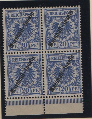 Dt. Kolonien, Marshall- Inseln, 1899, Mi.- Nr.: 10 (4x) im Ur- 4er- Block, **, Luxusstück!