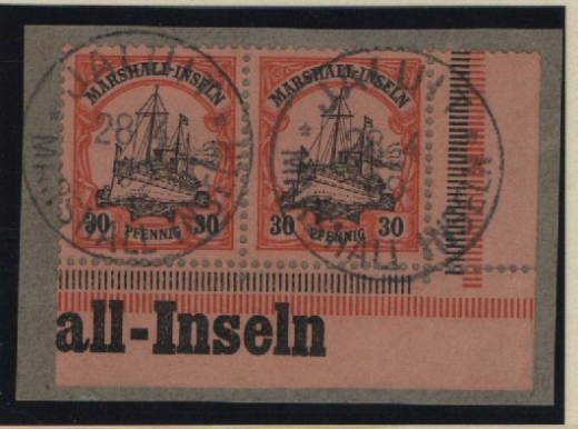 Dt. Kolonien, Marshall- Inseln, 1909, Mi.- Nr.: 18 (2x), im Ur.- Er.- Streifen, auf kl. Briefstück!  Luxusstück! Sehr Dekorativ!