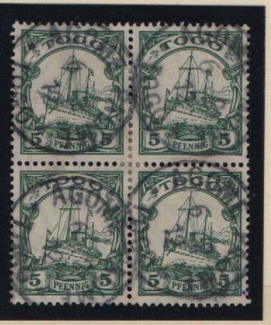 Dt. Kolonien, Togo, 1912, Mi.- Nrn.: 21 (4x), gestempelt, im 4er- Block, Luxusstück! Selten! Sehr dekorativ!