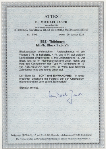 Thüringen, 1945, Bl. 1 x b, * / ungebraucht, mit akt. Fotoattest Dr. Jasch BPP: echt + einwandfrei, Luxusstück. Sehr selten!