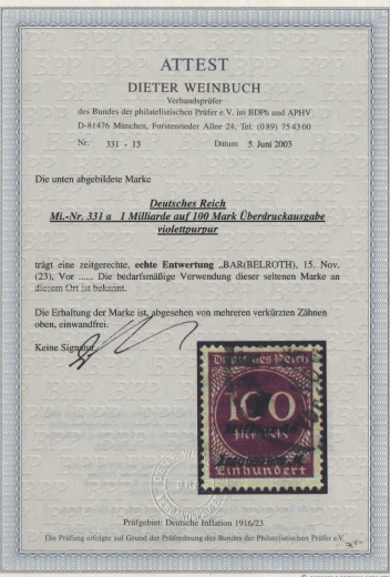 DR, Infla, 1923, Mi.- Nr.: 331a, gestempelt, Attest Weinbuch BPP: echt und ..., e.! Gutes Bedarfsstück! Sehr selten!