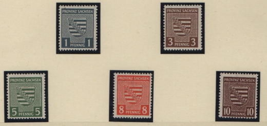 SBZ, Provinz Sachsen, 1945, Mi.- Nrn.: 73Xy, 74Xy, 75Xay, 77Xy + 78Xay (je mit UV- aktivem Gummi) , **! Luxusstücke!